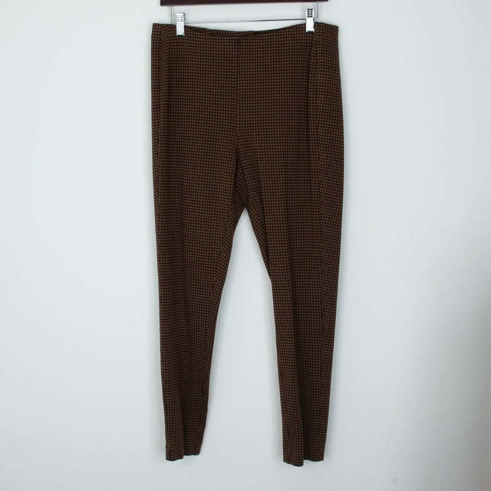J Jill Womens Ponte Leggings Brown Black Gingham Size L Pull‎ On Stretch Office
